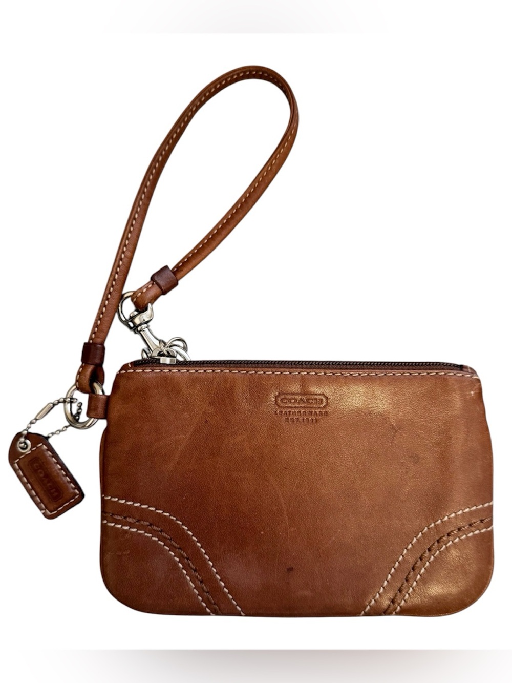 Coach Brown Leather Zip Wristlet – Tan Leather Mini Pouch Y2K